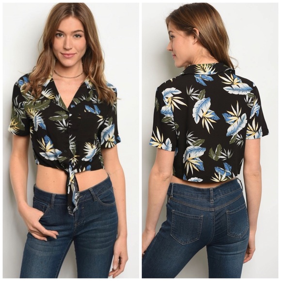 Tropical print button down crop top - Picture 1 of 3